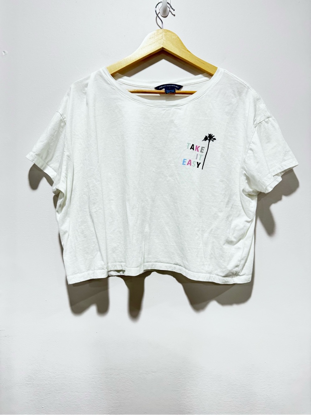 French Connection 100% Cotton Take It Easy Palm Tree Cropped Boxy T Shirt Size L